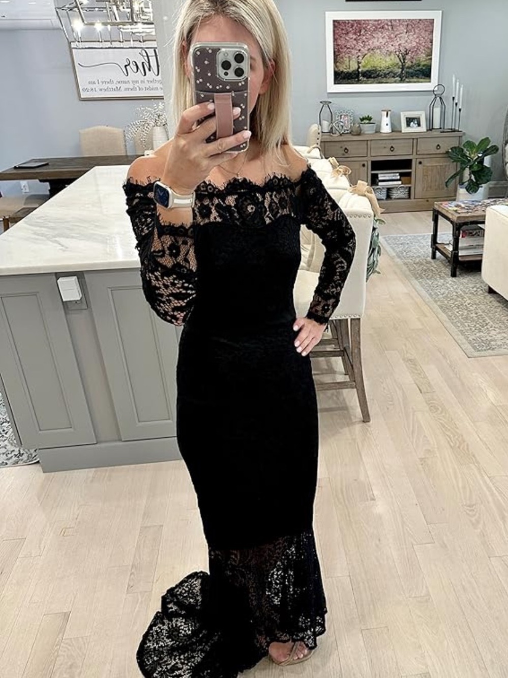Lalagen Black Lace Off-Shoulder Long Sleeve Maxi Dress
